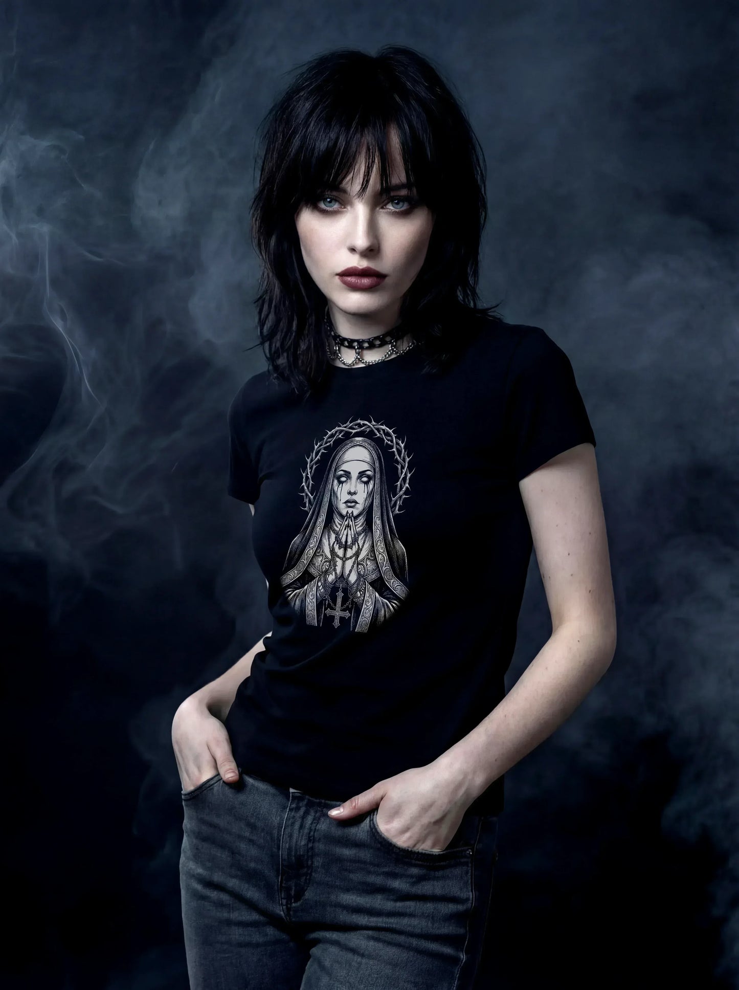 Thorn Halo Nun T-Shirt – Gothic Design for Dark Fashion - darkelegance