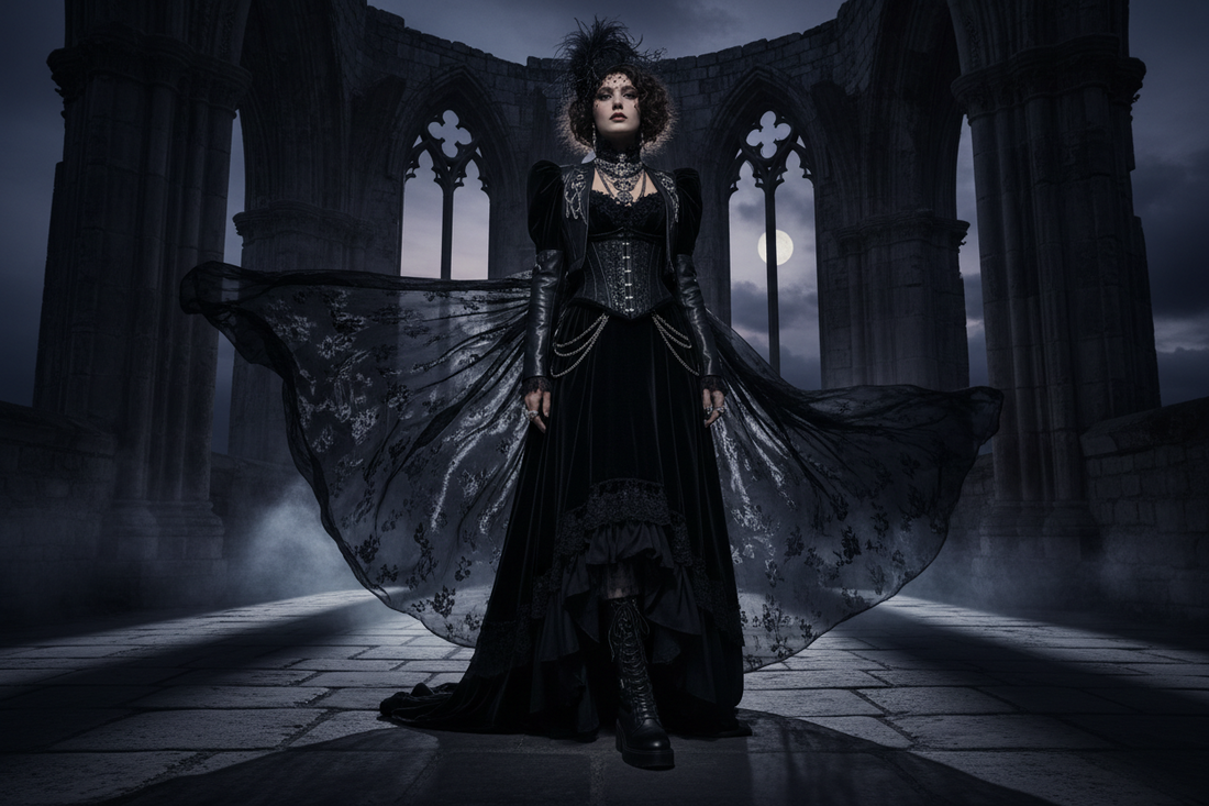 Layered gothic fashion outfit in dark tones - DARK ELEGANCE style guide 2026