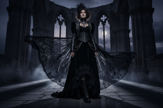 Layered gothic fashion outfit in dark tones - DARK ELEGANCE style guide 2026