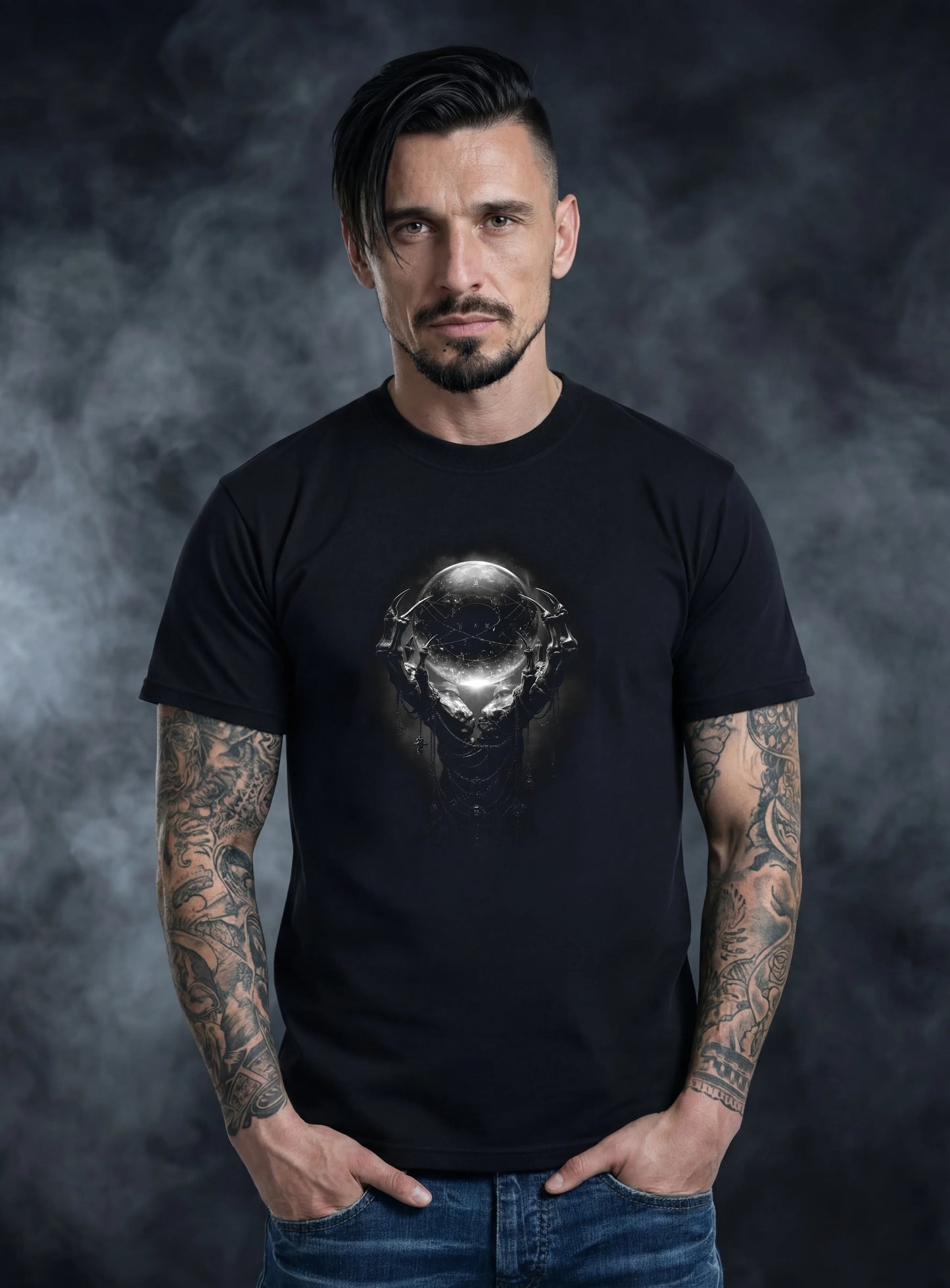 Dark Ritual Celestial Orb T-Shirt – Gothic Occult Design for Dark Fashion - darkelegance