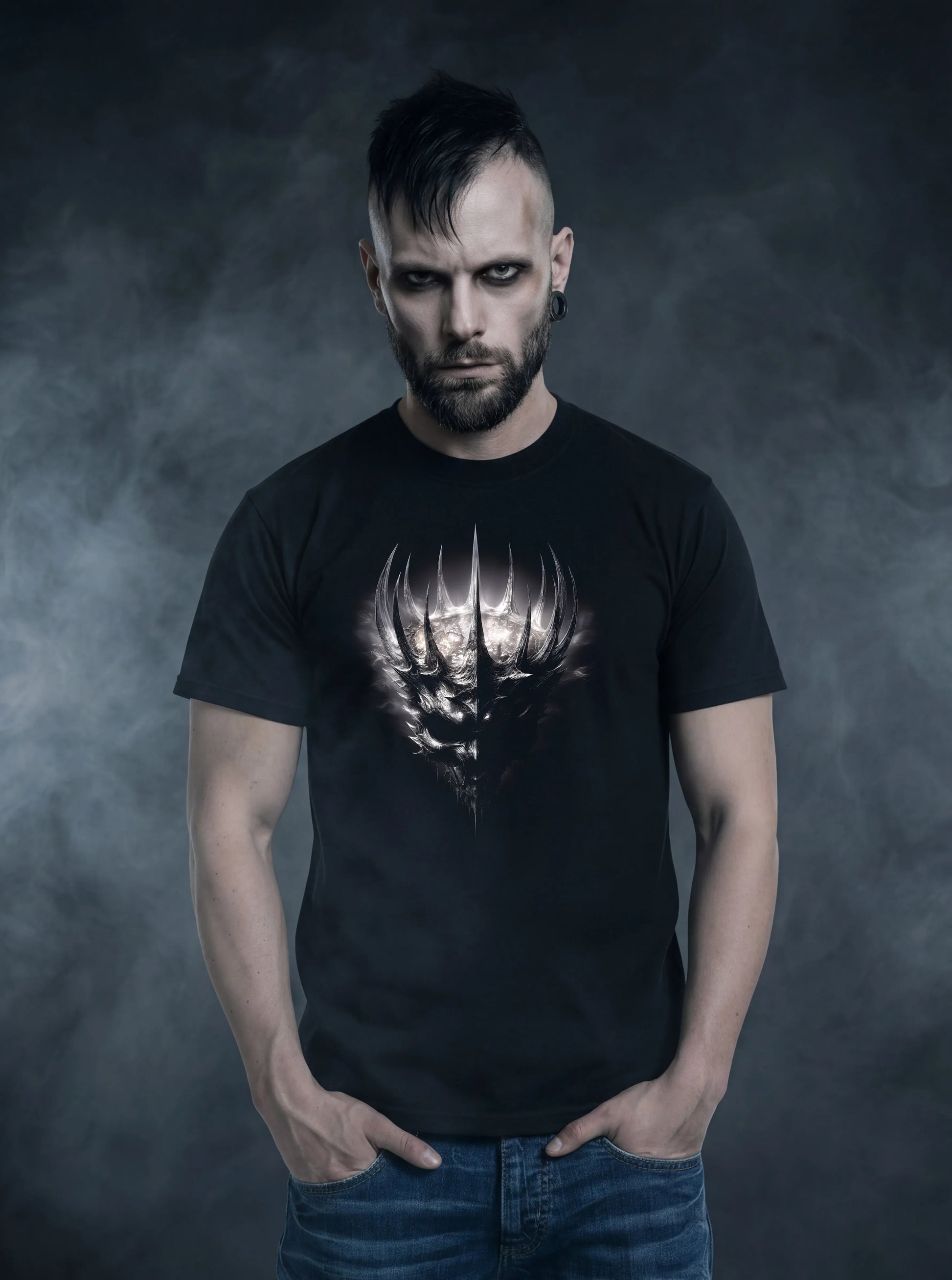 Crown of Thorns and Shadows T-Shirt – Gothic Demon Skull Design - darkelegance
