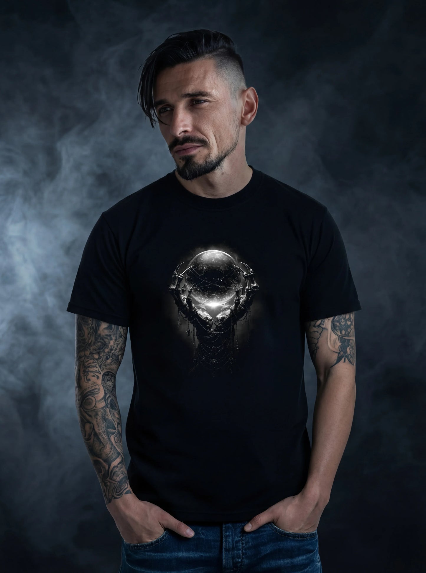 Dark Ritual Celestial Orb T-Shirt – Gothic Occult Design for Dark Fashion - darkelegance