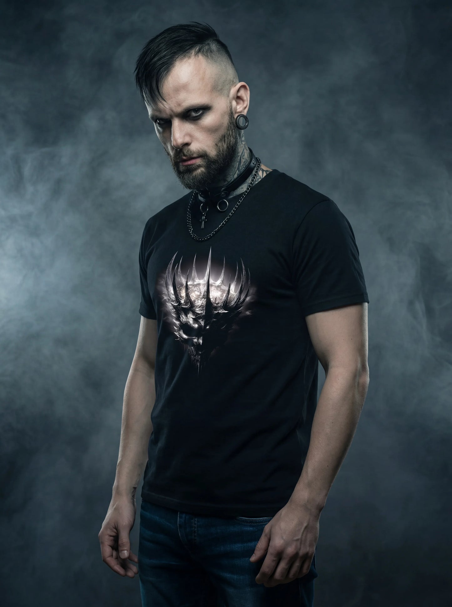 Crown of Thorns and Shadows T-Shirt – Gothic Demon Skull Design - darkelegance