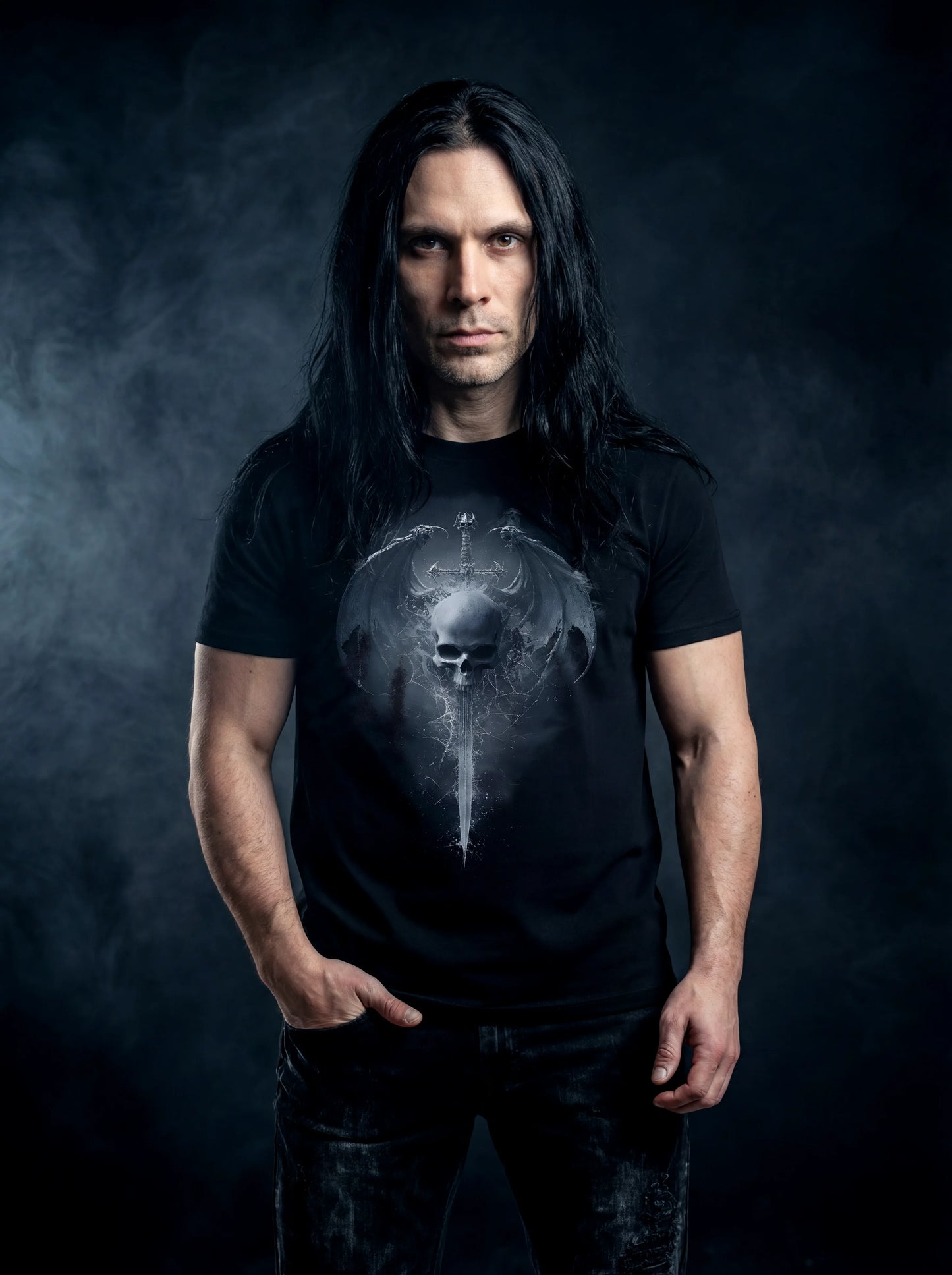 Winged Skull Blade T-Shirt – Gothic Design for Dark Fashion - darkelegance