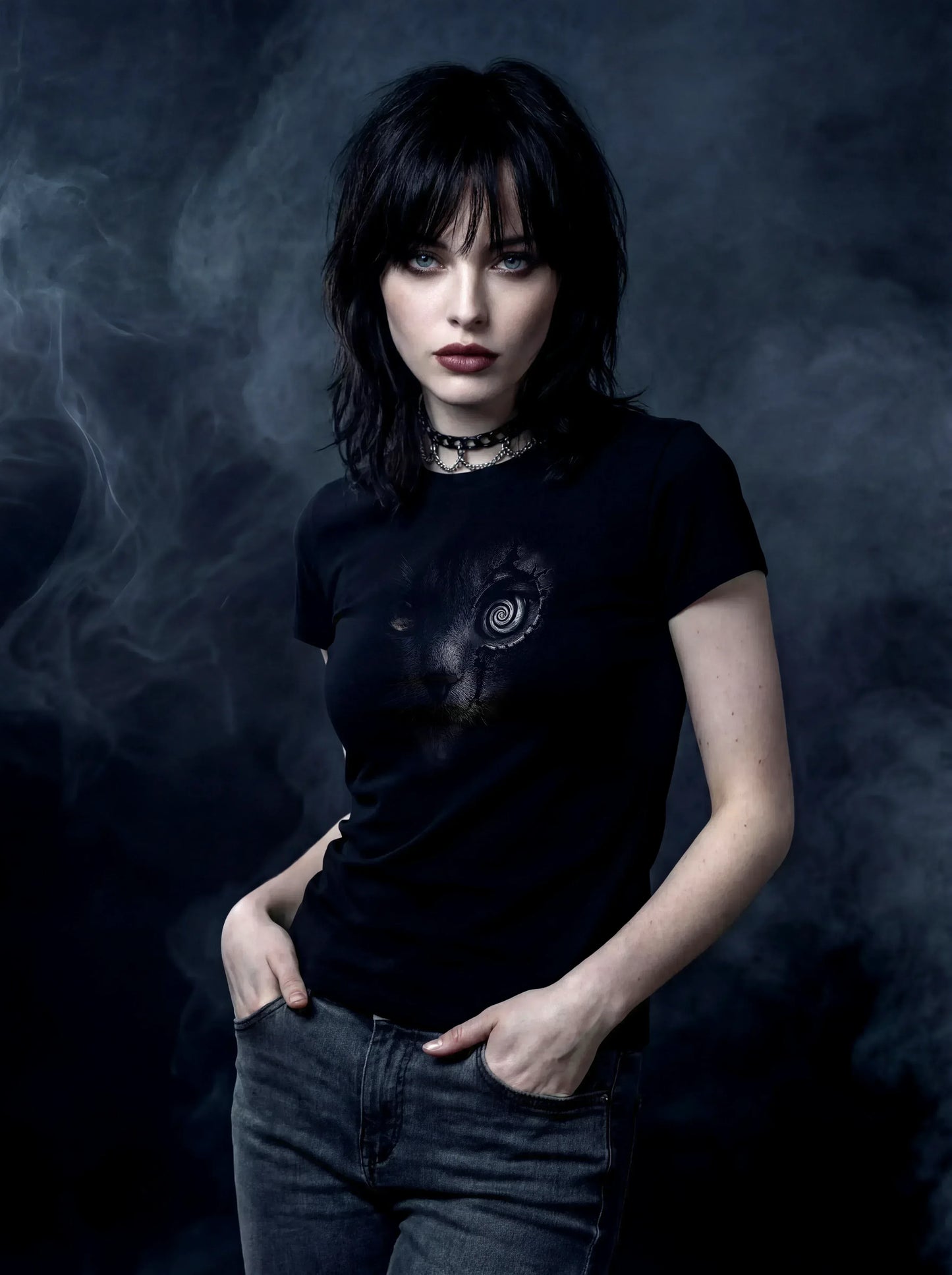 Spiral-Eyed Shadow Cat T-Shirt – Gothic Design for Dark Fashion - darkelegance
