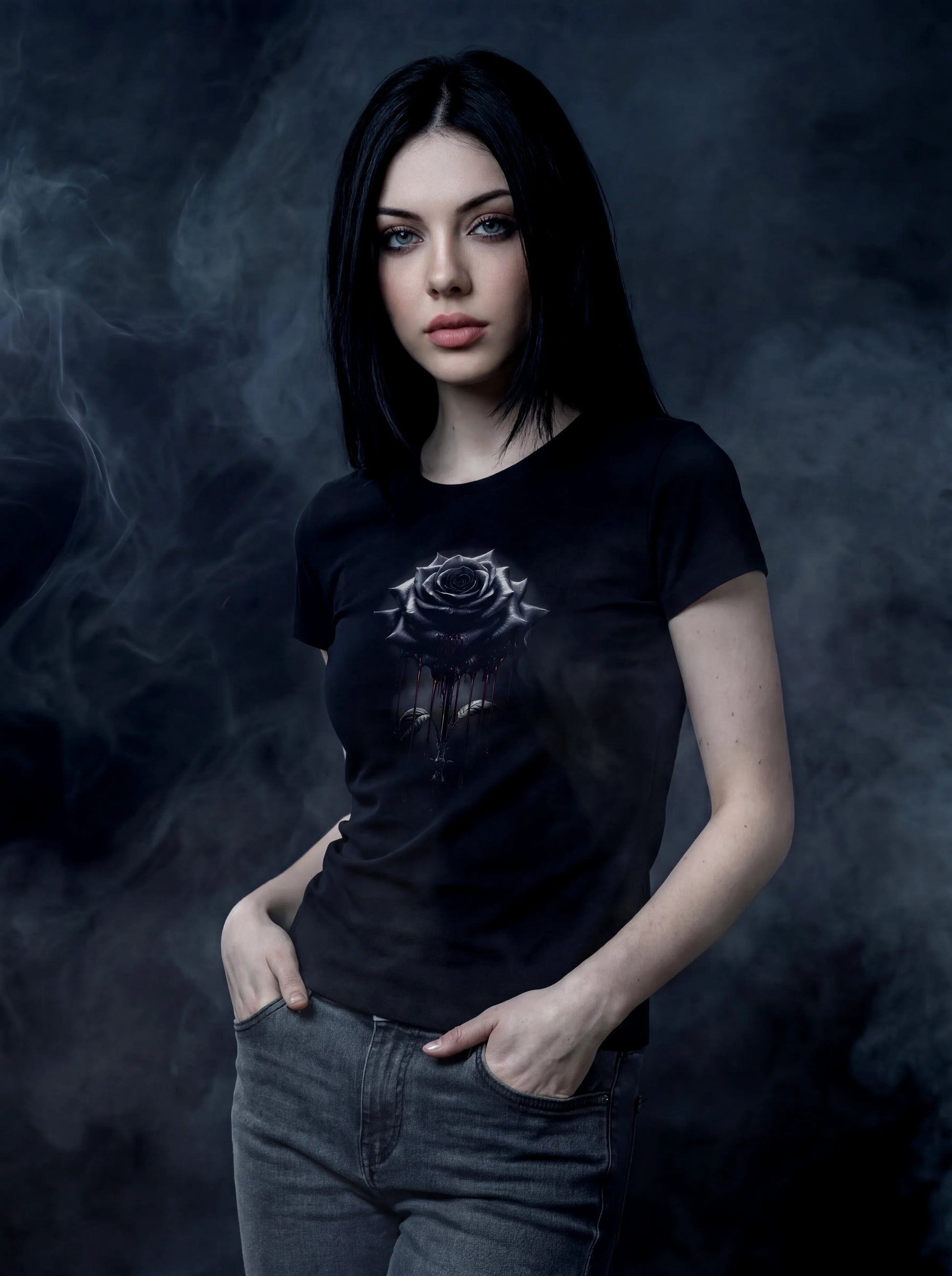Blood Drip Black Rose T-Shirt – Gothic Design for Dark Fashion - darkelegance