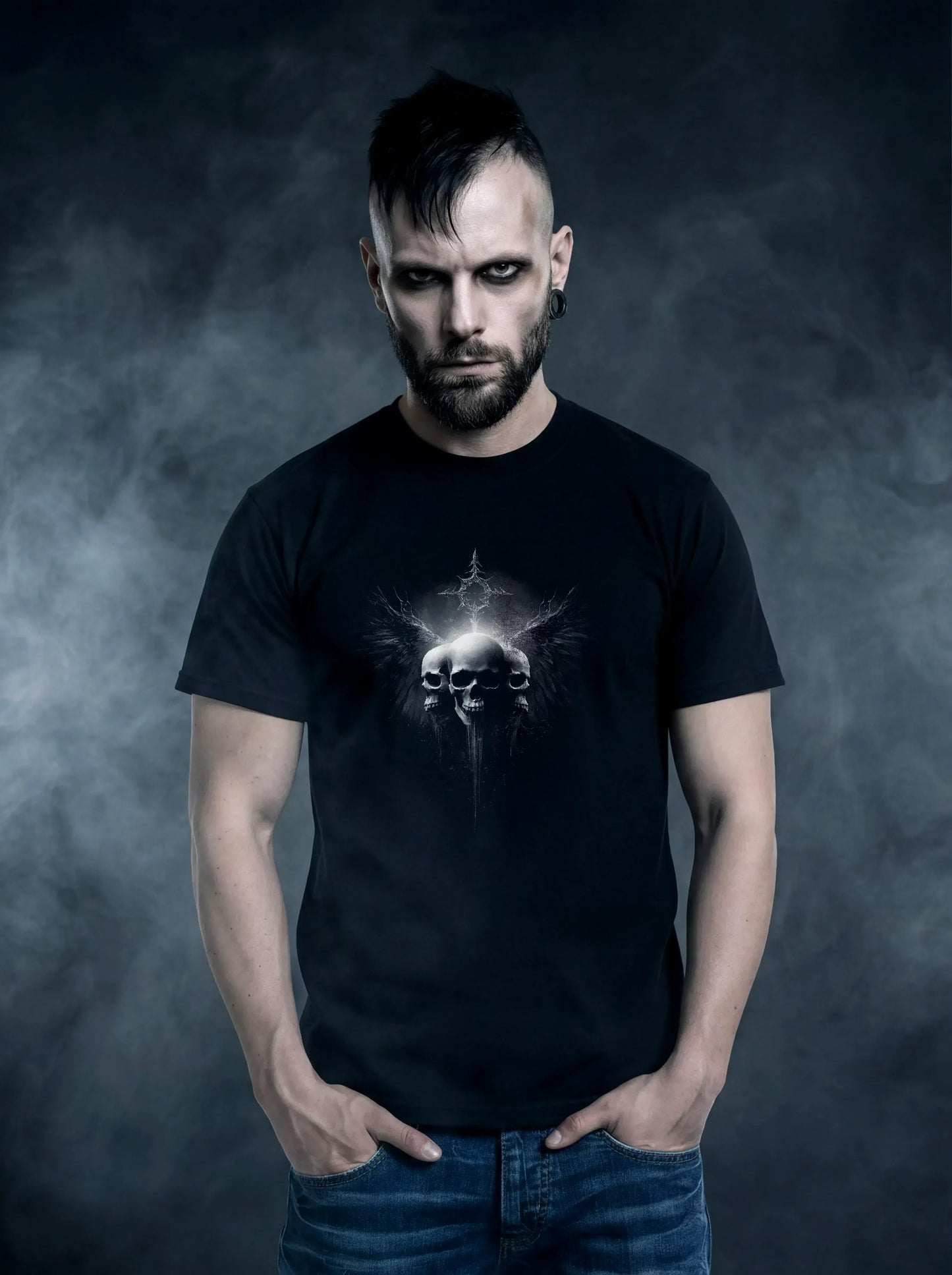 Trinity Skull Wings T-Shirt – Gothic Design for Dark Fashion - darkelegance
