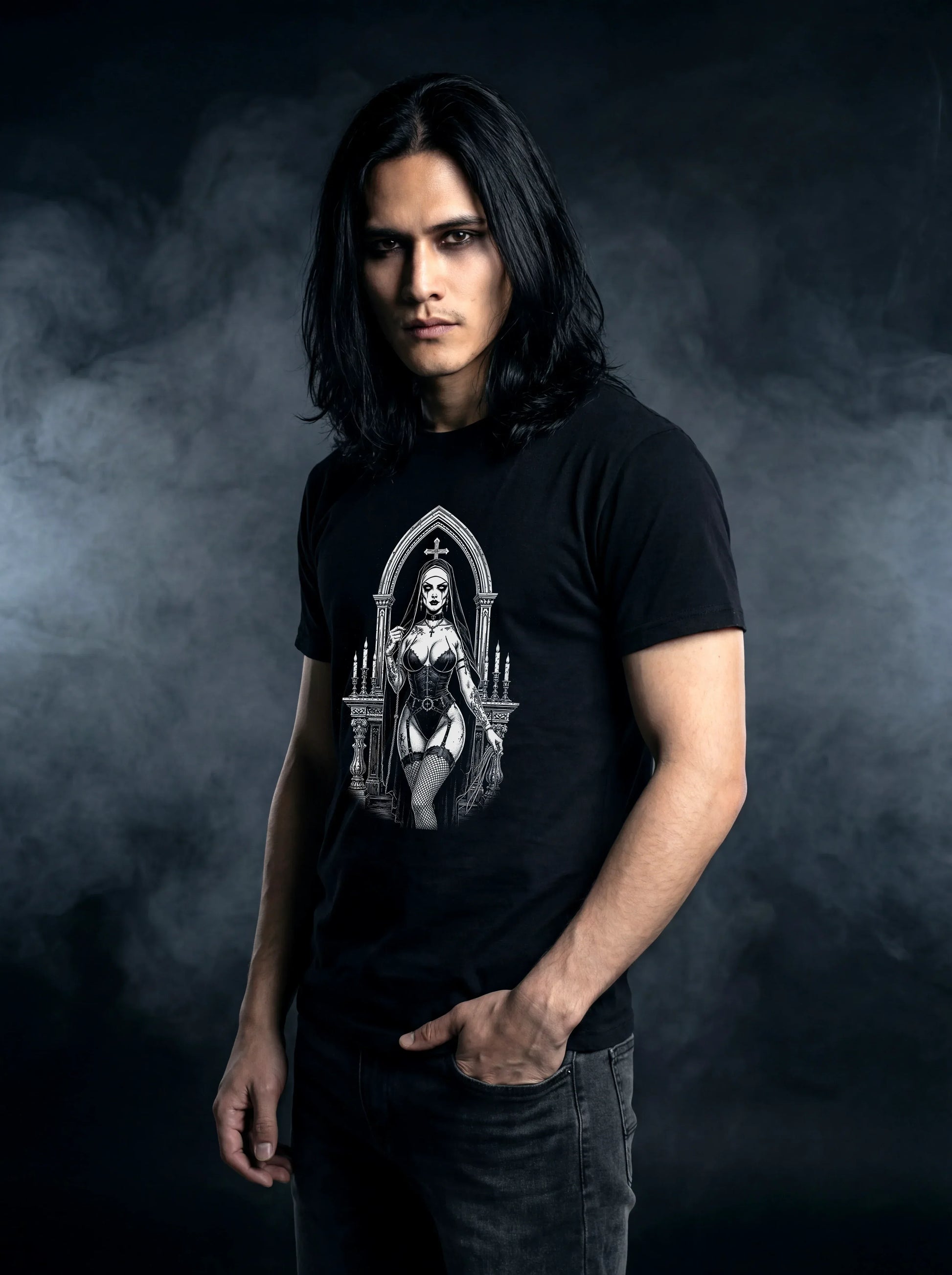 Black Veil Temptress T-Shirt – Gothic Design for Dark Fashion - darkelegance