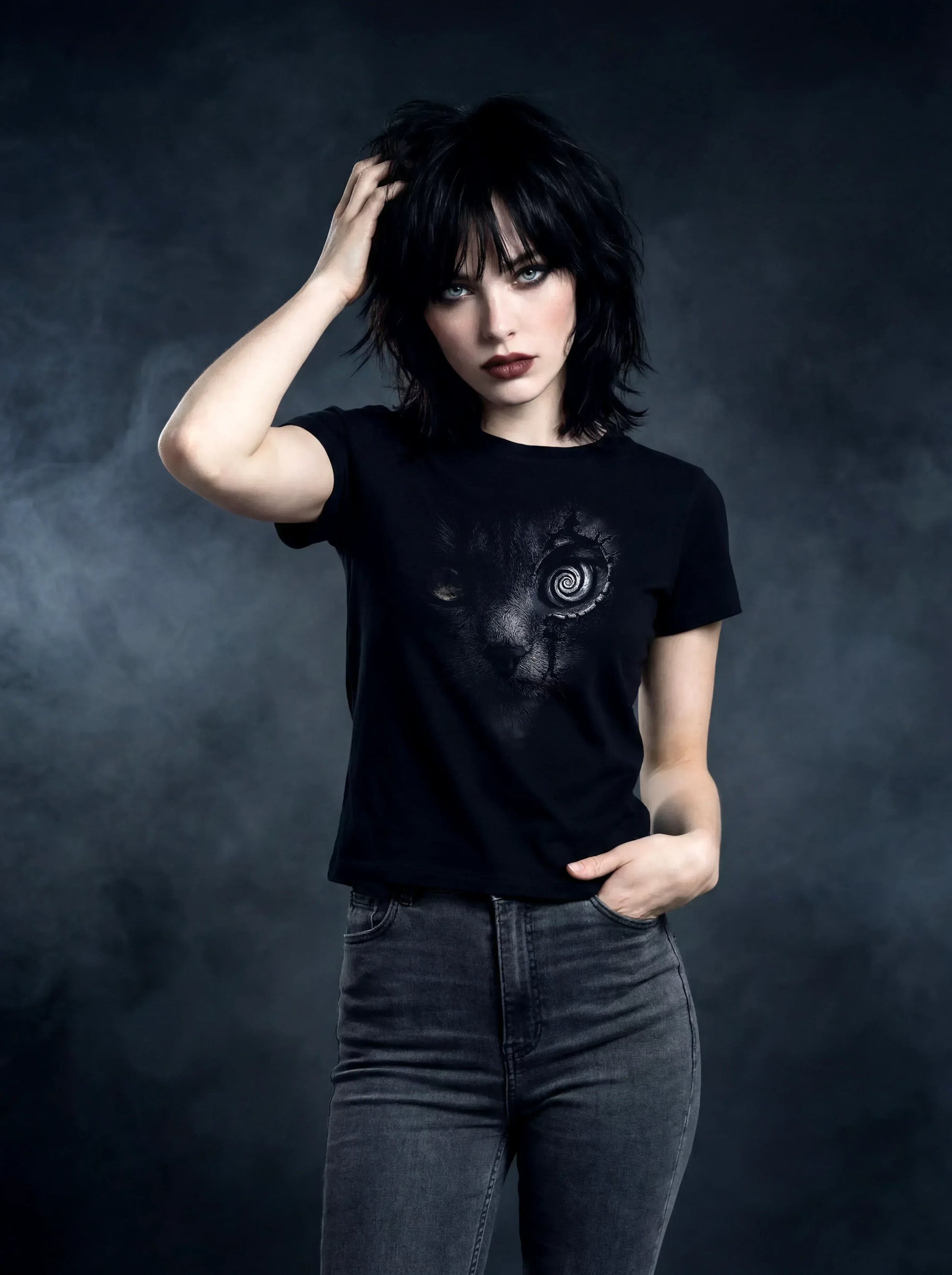 Spiral-Eyed Shadow Cat T-Shirt – Gothic Design for Dark Fashion - darkelegance