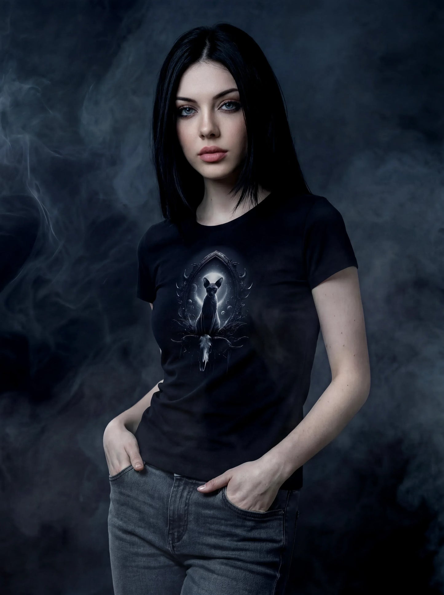 Moonlit Sphynx Oracle T-Shirt – Gothic Design for Dark Fashion - darkelegance
