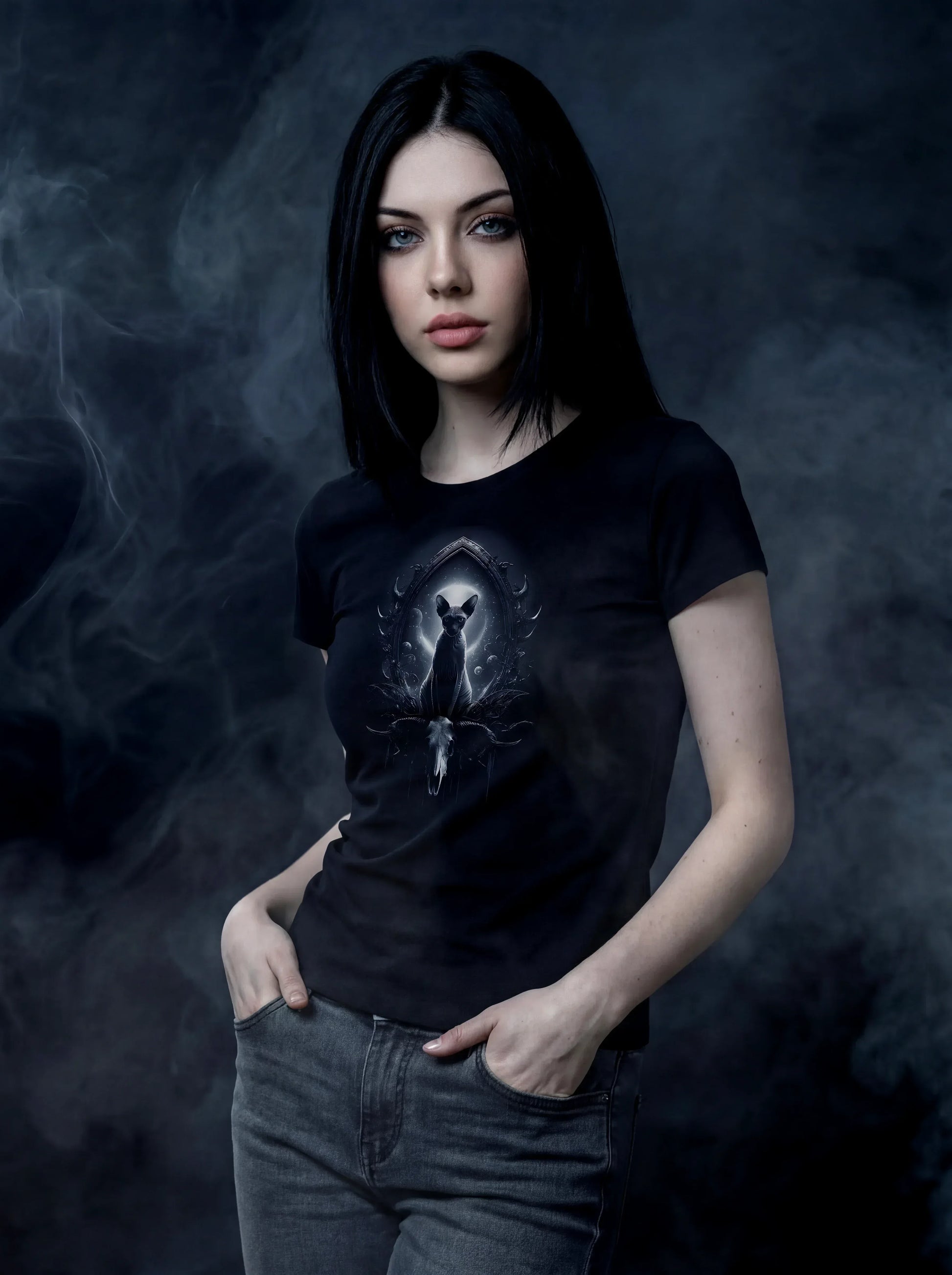 Moonlit Sphynx Oracle T-Shirt – Gothic Design for Dark Fashion - darkelegance