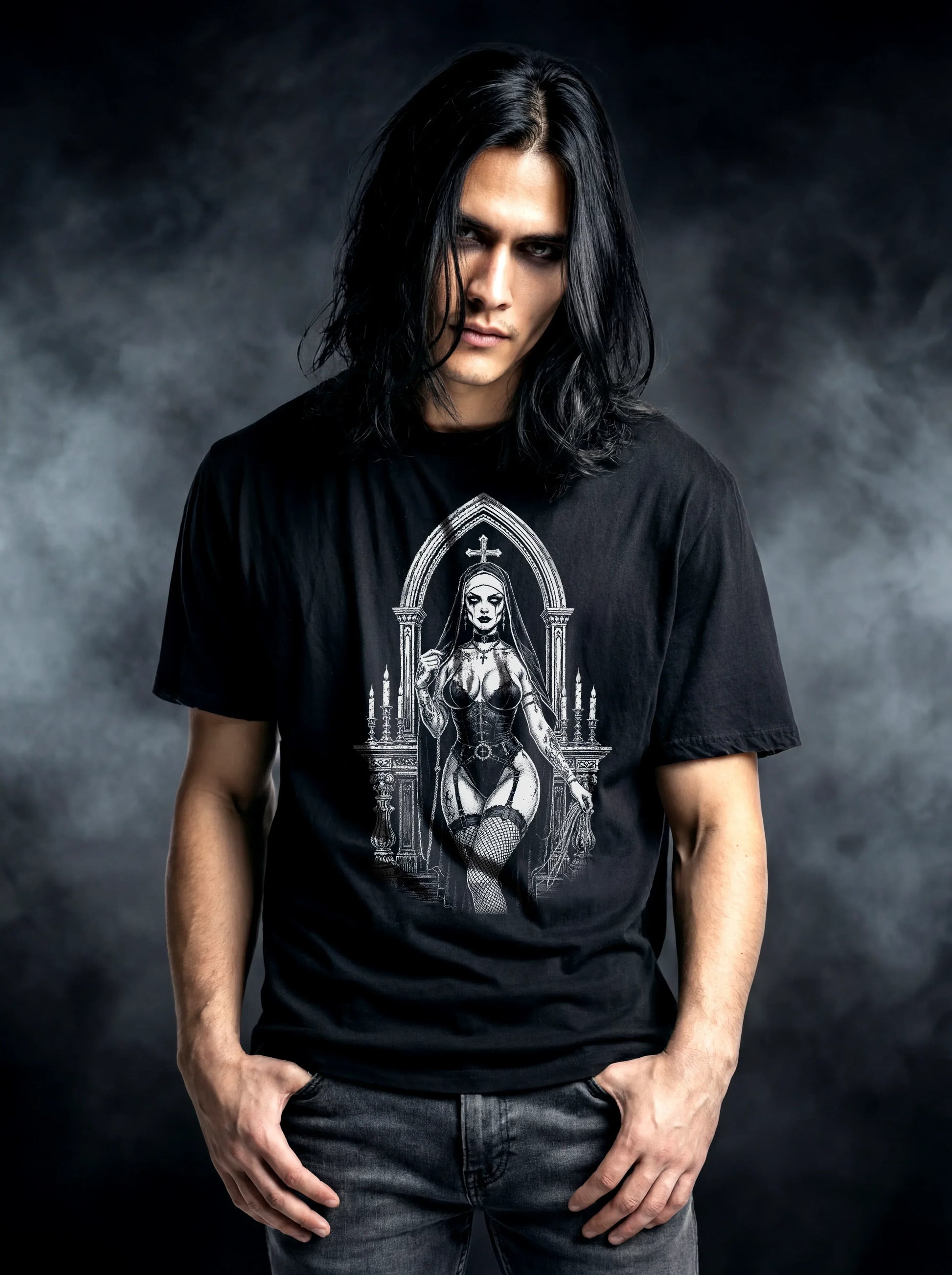 Black Veil Temptress T-Shirt – Gothic Design for Dark Fashion - darkelegance