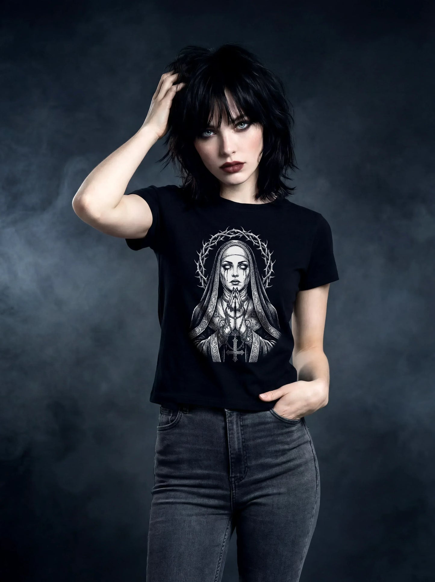 Thorn Halo Nun T-Shirt – Gothic Design for Dark Fashion - darkelegance
