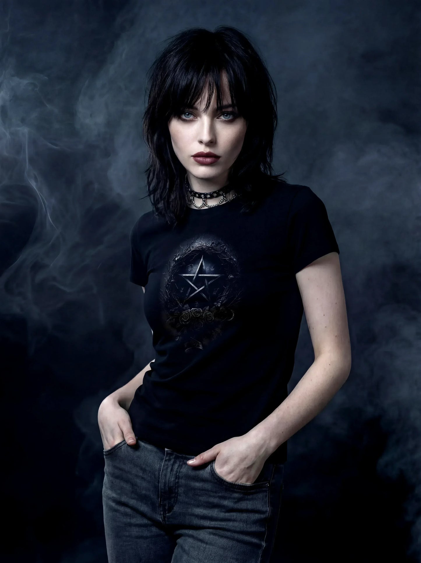 Thornwreath Pentagram Roses T-Shirt – Gothic Design for Dark Fashion - darkelegance