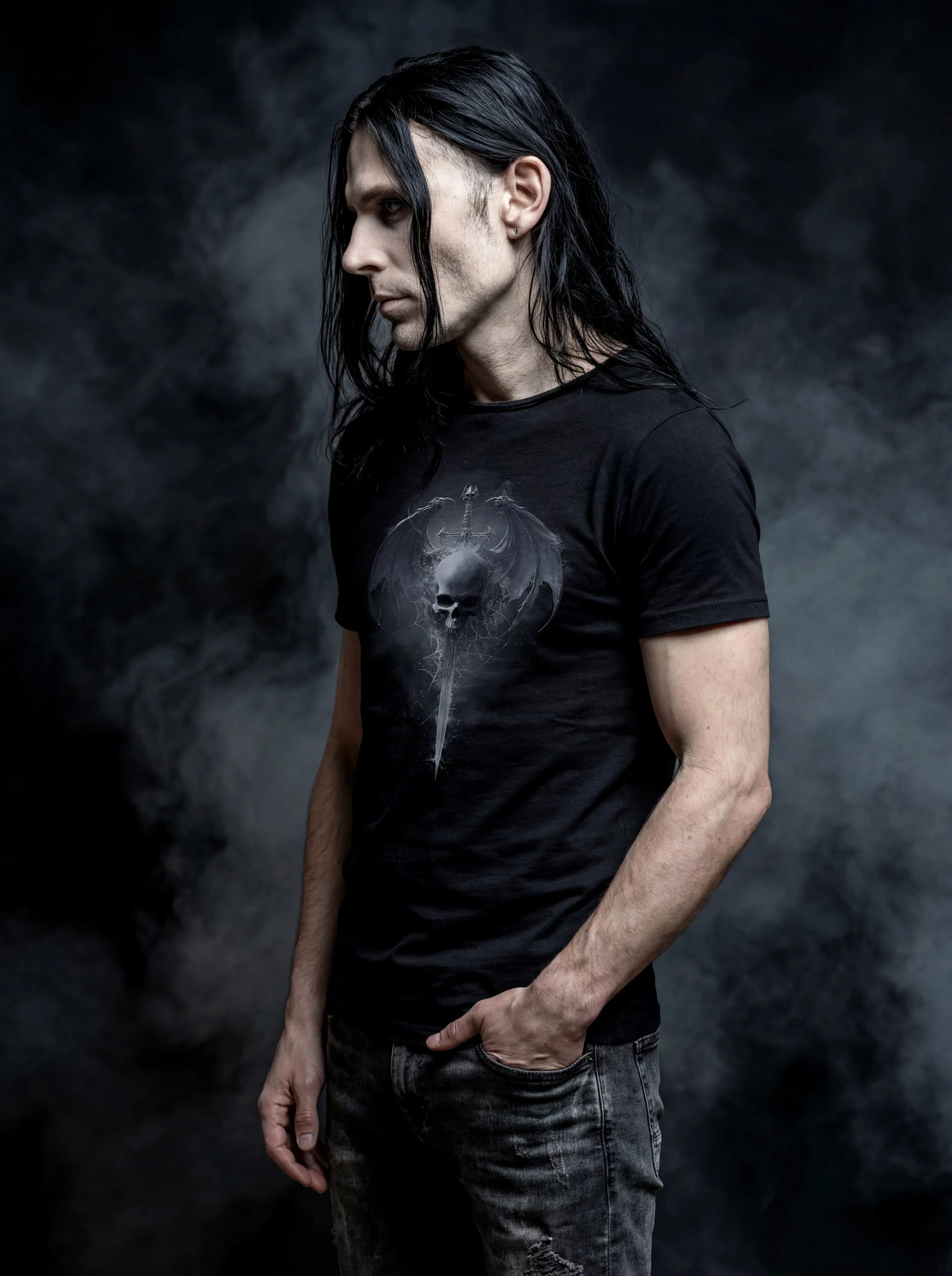 Winged Skull Blade T-Shirt – Gothic Design for Dark Fashion - darkelegance