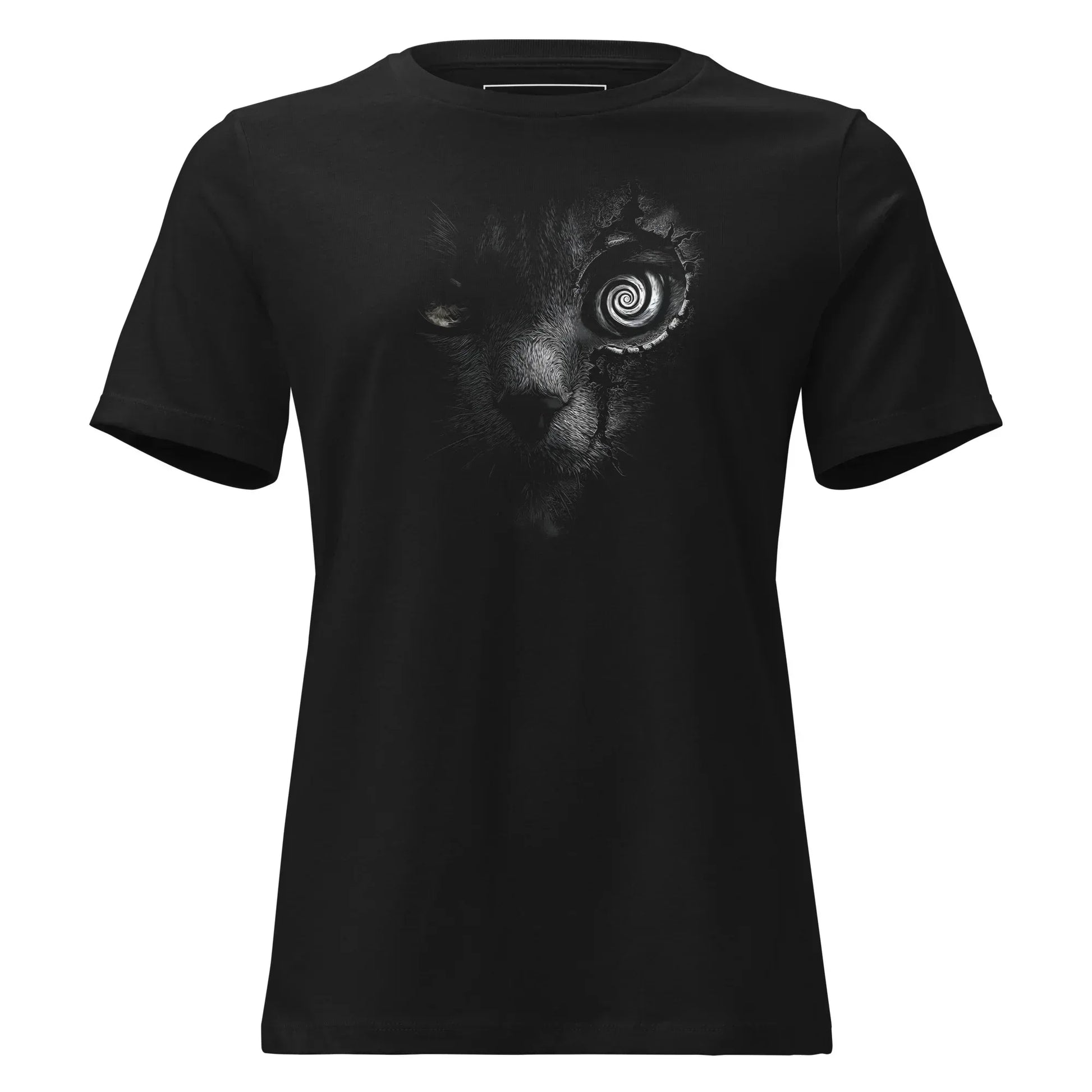 Spiral-Eyed Shadow Cat T-Shirt – Gothic Design for Dark Fashion - darkelegance