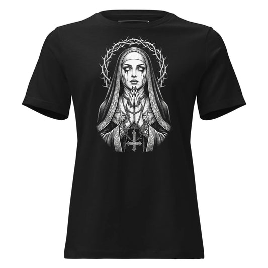 Thorn Halo Nun T-Shirt – Gothic Design for Dark Fashion - darkelegance