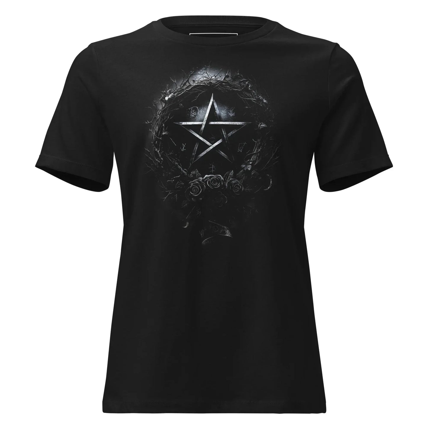 Thornwreath Pentagram Roses T-Shirt – Gothic Design for Dark Fashion - darkelegance