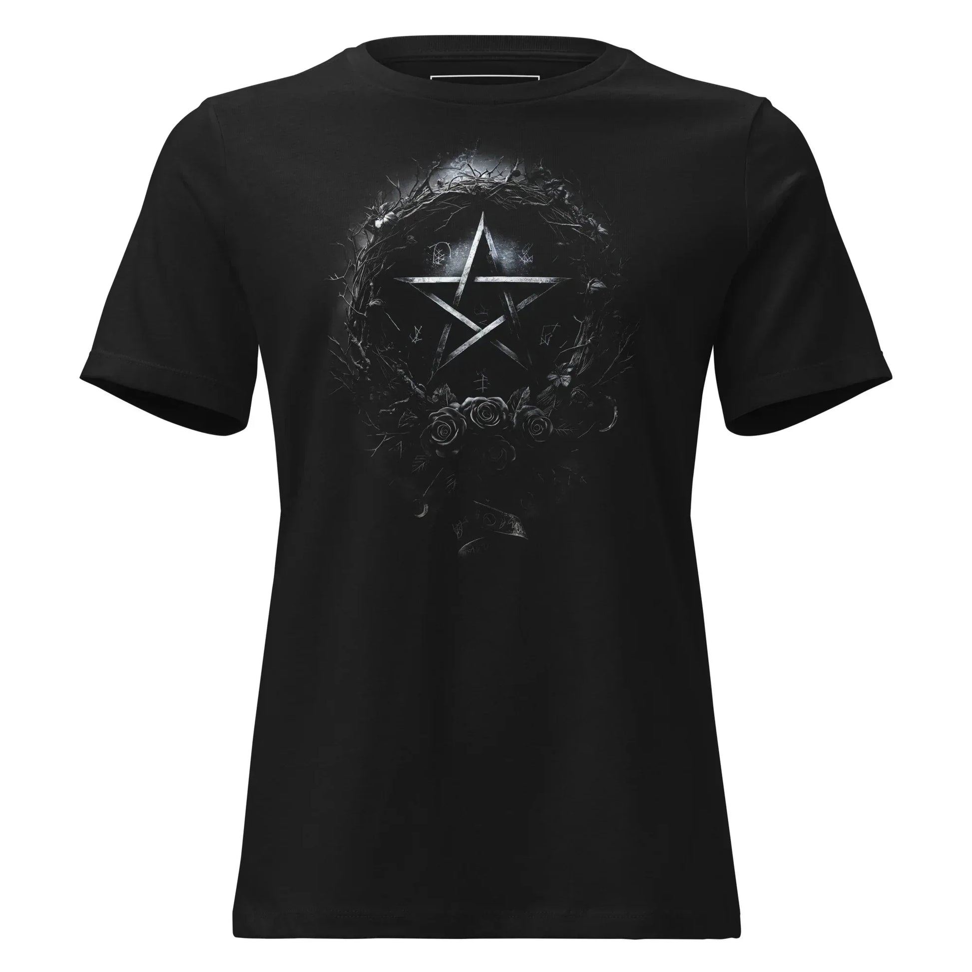 Thornwreath Pentagram Roses T-Shirt – Gothic Design for Dark Fashion - darkelegance