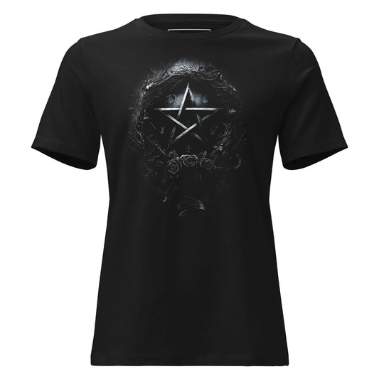 Thornwreath Pentagram Roses T-Shirt – Gothic Design for Dark Fashion - darkelegance